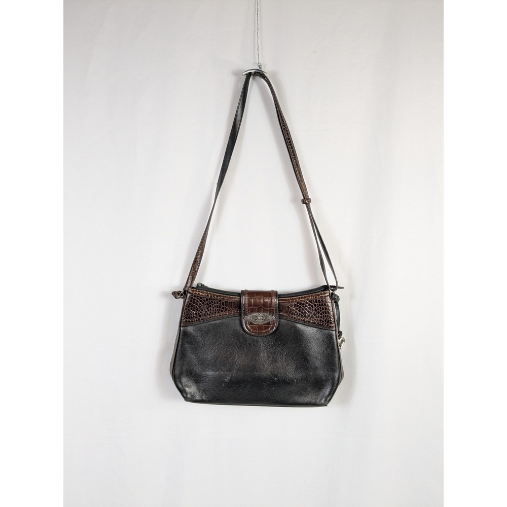 Vintage Brighton Black Leather Brown Croc Embossed Purse Silver Hardware A107